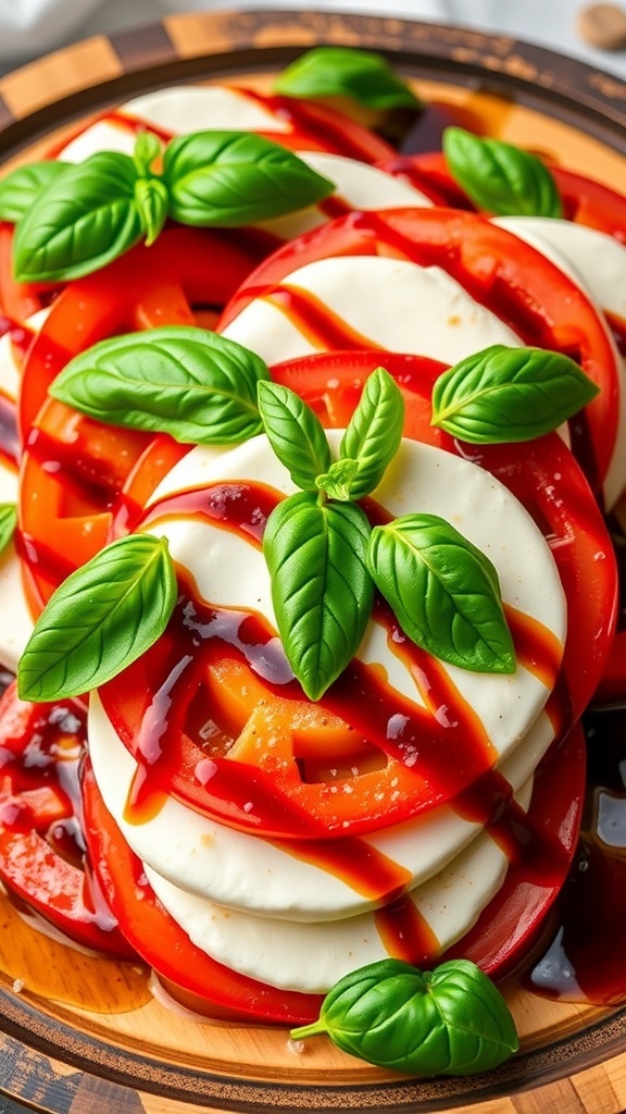 A colorful Caprese salad with tomatoes, mozzarella, and basil, drizzled with olive oil and balsamic glaze on a wooden platter.